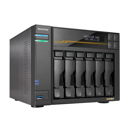 Asustor Lockerstor 6 Gen3 AS6806T 6 Bay NAS, AMD Ryzen Quad-Core 2.3 GHz, 16GB RAM ECC DDR5, 4 M.2 NVMe Slots, Dual 5GbE and Dual 10GbE Port, USB4 Type-C, Network Attached Storage