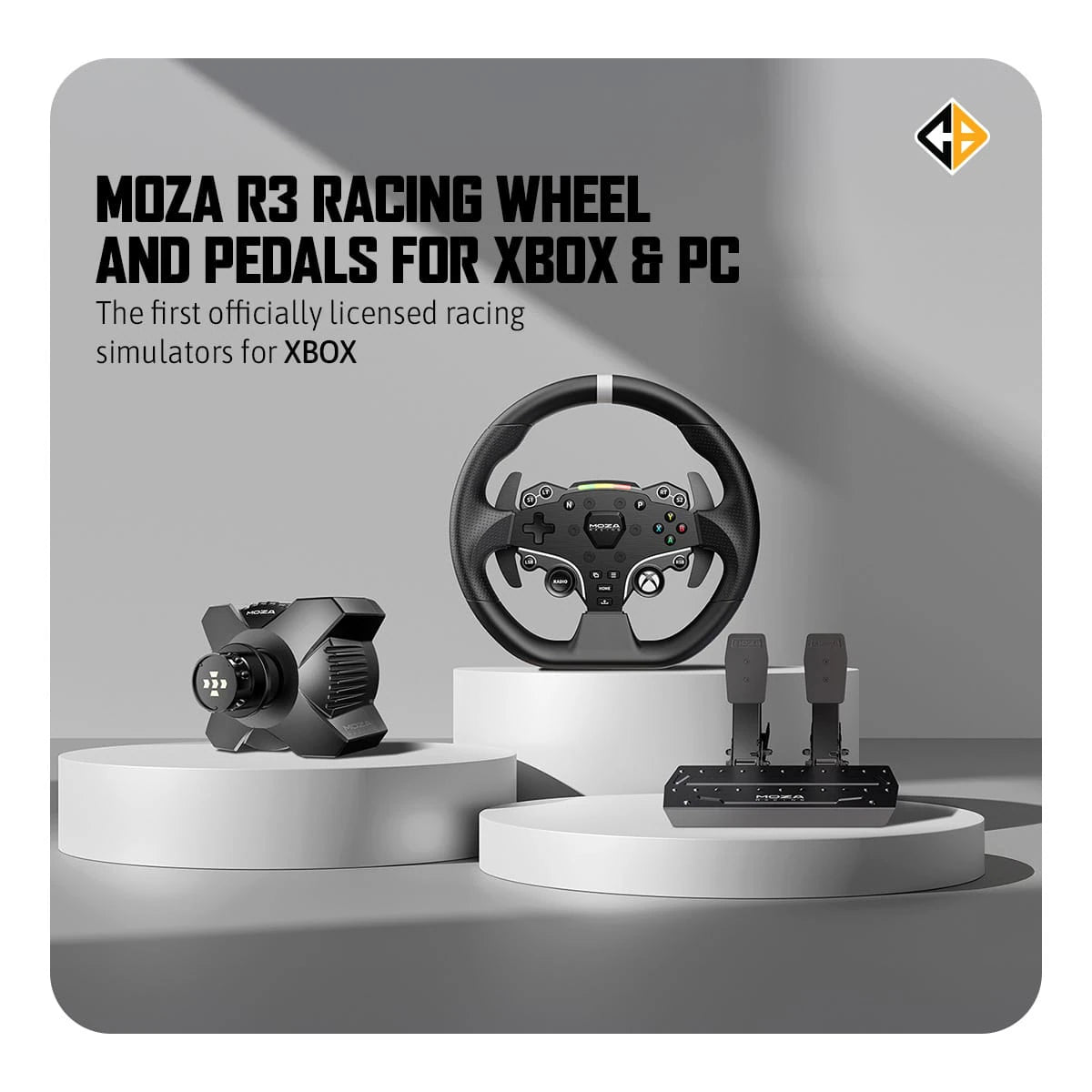 MOZA R3 BUNDLE FOR PC AND XBOX OFFICIALLY LICENSED, R3 WHEELBASE, ES STEERING WHEEL, SR-P LITE PEDALS, TABLE CLAMP