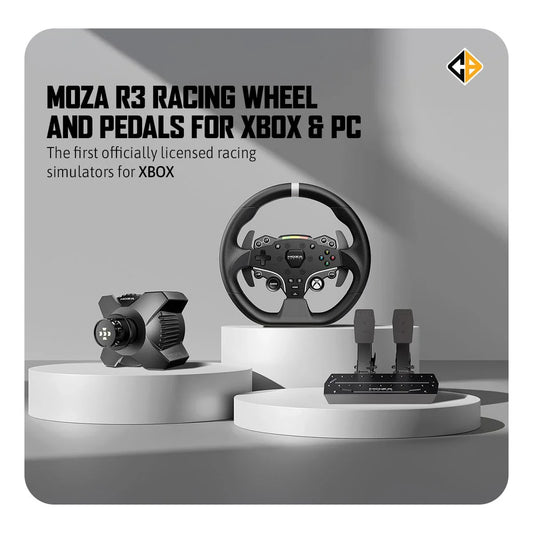 MOZA R3 BUNDLE FOR PC AND XBOX OFFICIALLY LICENSED, R3 WHEELBASE, ES STEERING WHEEL, SR-P LITE PEDALS, TABLE CLAMP