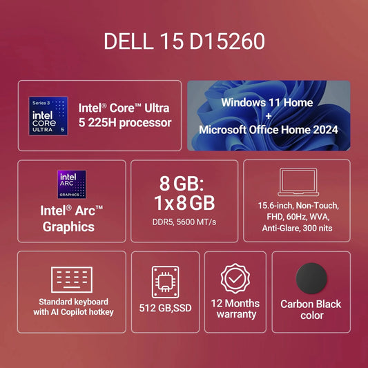 DELL 15 (Previously Inspiron) AI Powered Intel Core Ultra 5 225H - (8 GB/512 GB SSD/Windows 11 Home) 3530 / 15 DC 15260 Thin and Light Laptop Black