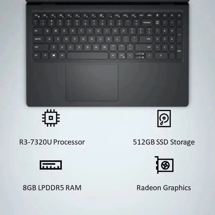 Dell 15, AMD Ryzen 3 7320U, 8GB RAM, 512GB SSD, FHD, 15.6"/39.62cm, Windows 11, Office H&S 2024, Black Laptop