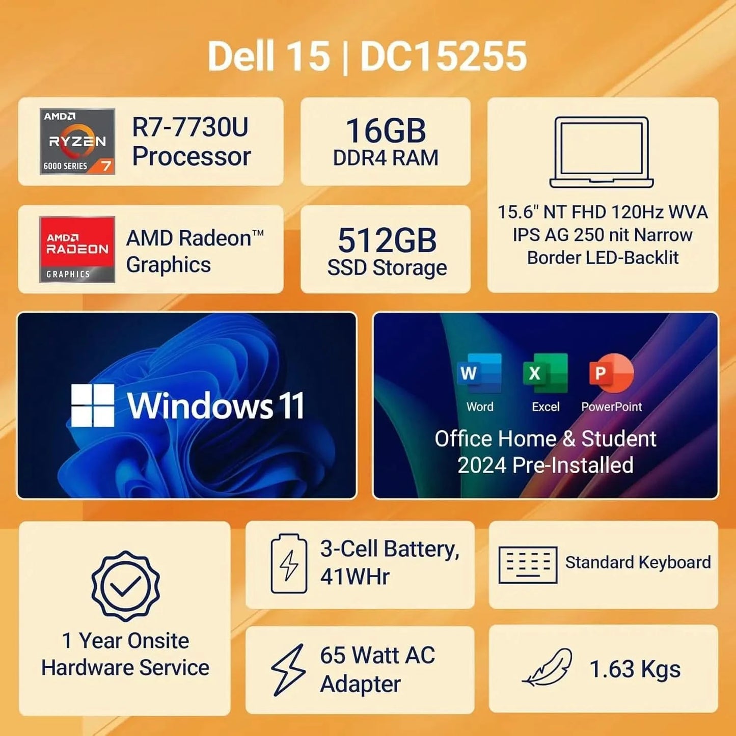 Dell 15, AMD Ryzen 7-7730U, 16GB DDR4, 512GB SSD, FHD, 15.6"/39.6cm, Windows 11, Microsoft Office Home 2024, Platinum Silver Laptop