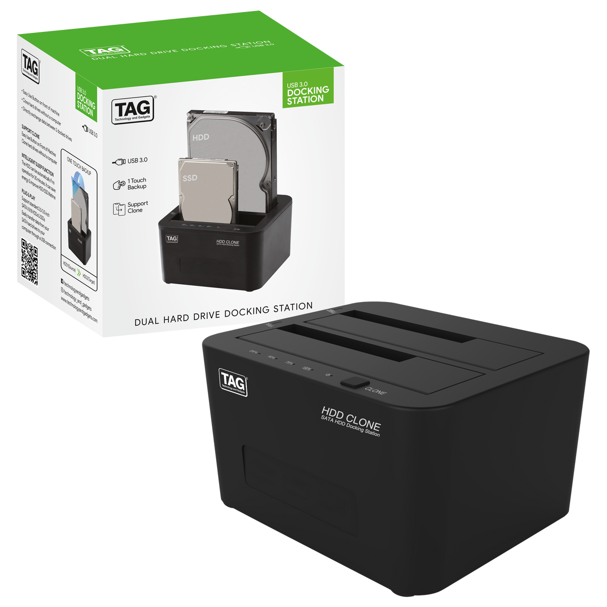 TAG Dual Drive HDD SSD Docking Station, USB 3.0, 5Gbps, SATA I II III, 2.5 and 3.5 Inch, HDD Clone