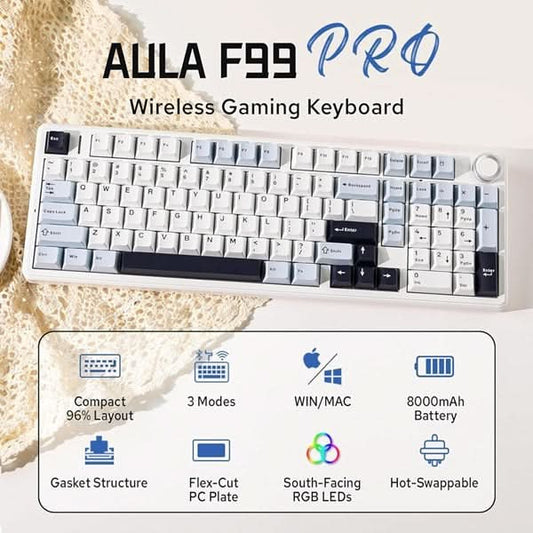 AULA F99 Pro 96 Percentage Tri-Mode Wireless Full Size Mechanical Gaming Keyboard With KnobIce Blue, Star Vector (Seiya) Switch