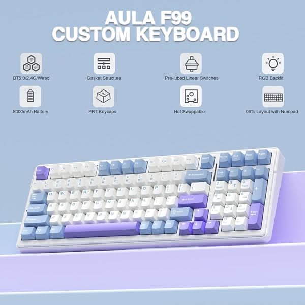AULA F99 Tri-Mode 2.4G Wired BT Hot Swappable RGB Wireless Full Size Mechanical Blue White, Crescent Switch Gaming Keyboard