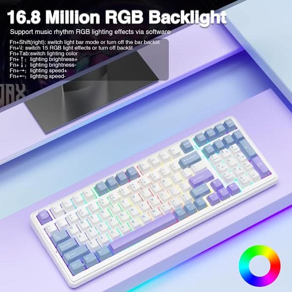 AULA F99 Tri-Mode 2.4G Wired BT Hot Swappable RGB Wireless Full Size Mechanical Blue White, Crescent Switch Gaming Keyboard