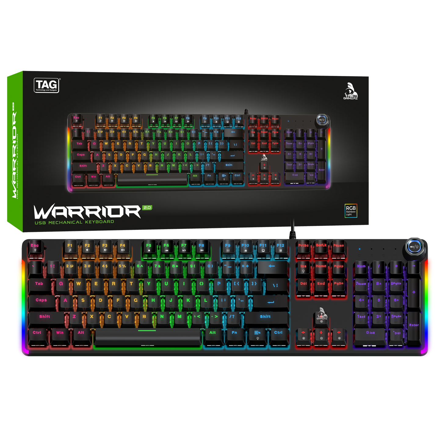 TAG Warrior 2.0 USB Mechanical Gaming Keyboard, 104 Keys, Rainbow RGB Backlight, Anti-Ghosting, 50 Million Keystrokes, Black