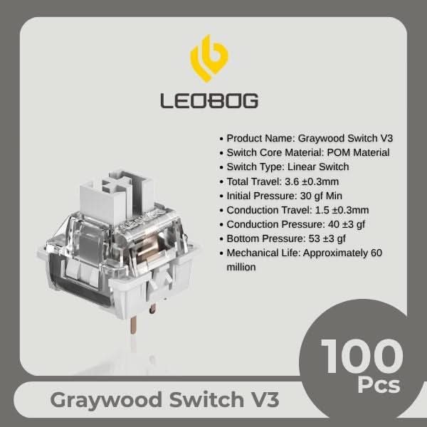 AULA LEOBOG Graywood Switch V3 – Ultra-Smooth, Pre-Lubed, Hot-Swappable, Ideal for Custom Keyboards – 100pcs (GrWS100)