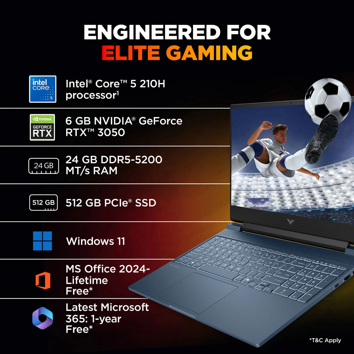HP Victus (i5 14th Gen) Intel Core 5 210 H - (24 GB/512 GB SSD/Windows 11 Home/6 GB Graphics/NVIDIA GeForce RTX 3050) 15-fa2556TX Gaming Laptop (15.6 inch, Performance Blue, 2.29 kg, With MS Office)