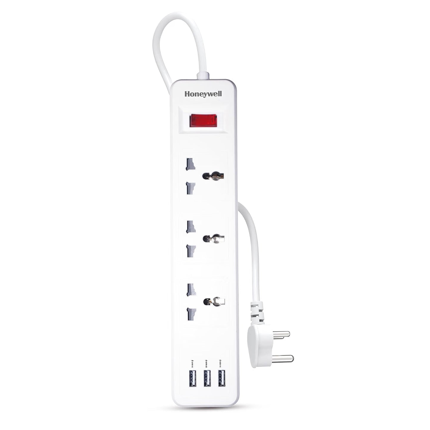 Honeywell 3 Outlet Extension Board with Master Switch, 6 Amps, 250V, 3xUSB, 3 International Sockets, Pure Copper