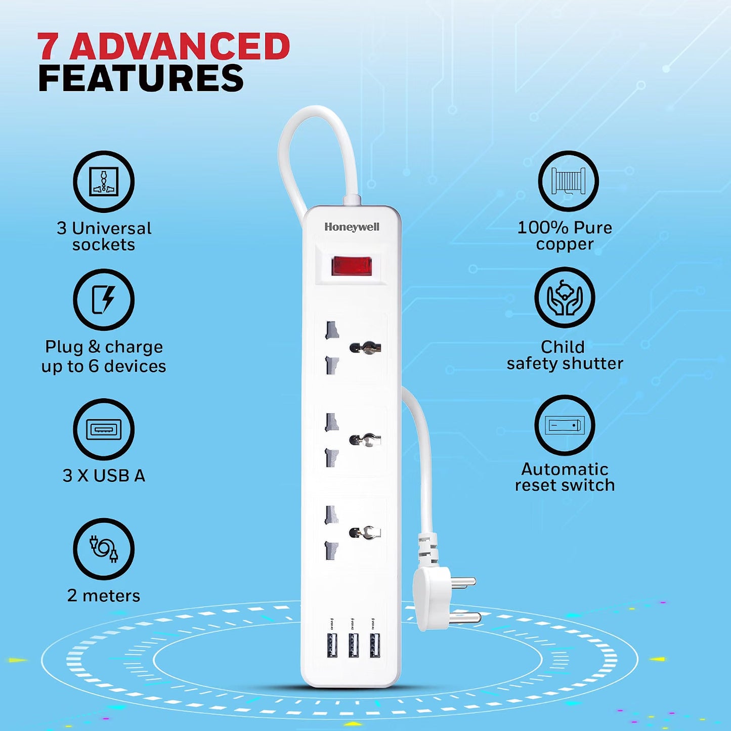 Honeywell 3 Outlet Extension Board with Master Switch, 6 Amps, 250V, 3xUSB, 3 International Sockets, Pure Copper