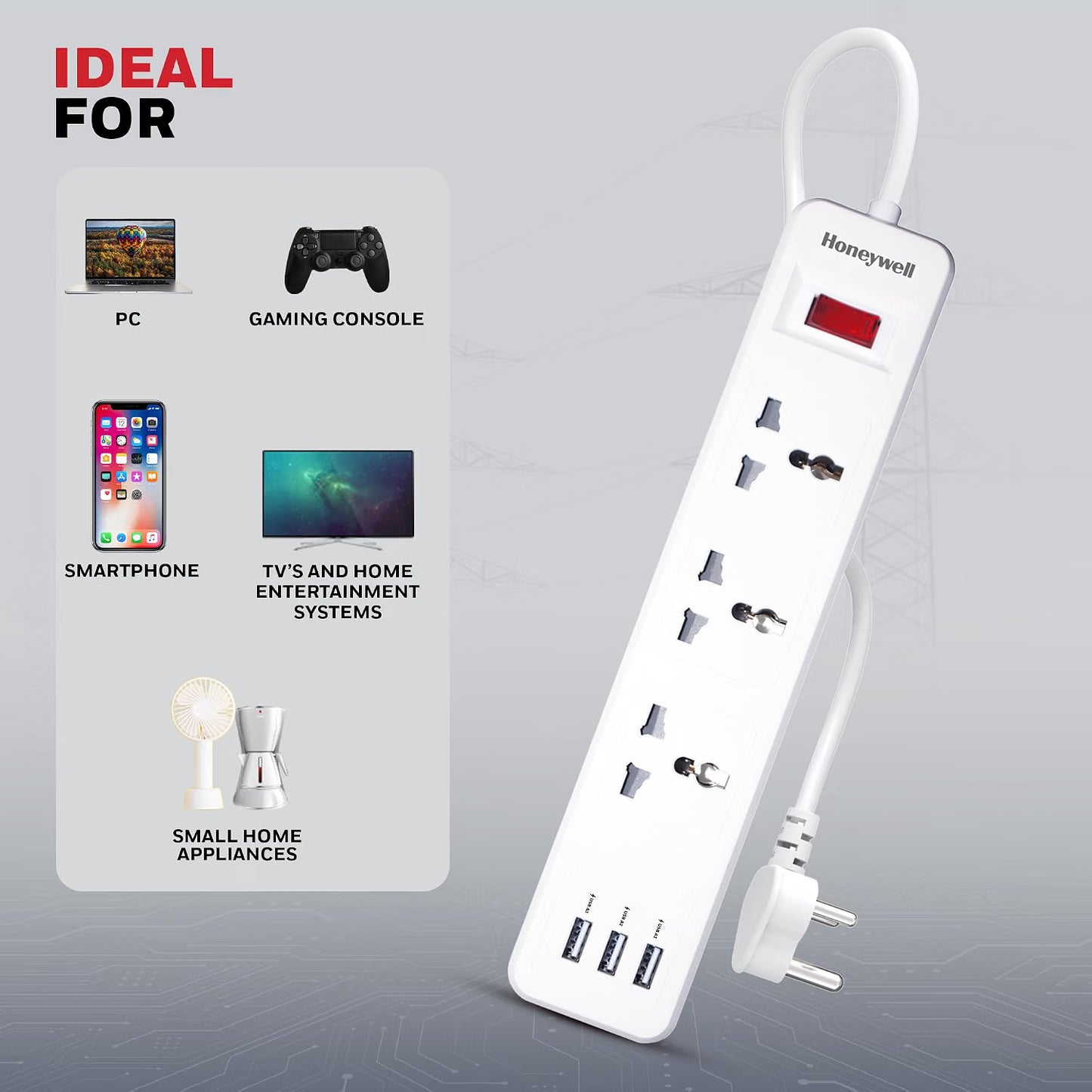 Honeywell 3 Outlet Extension Board with Master Switch, 6 Amps, 250V, 3xUSB, 3 International Sockets, Pure Copper