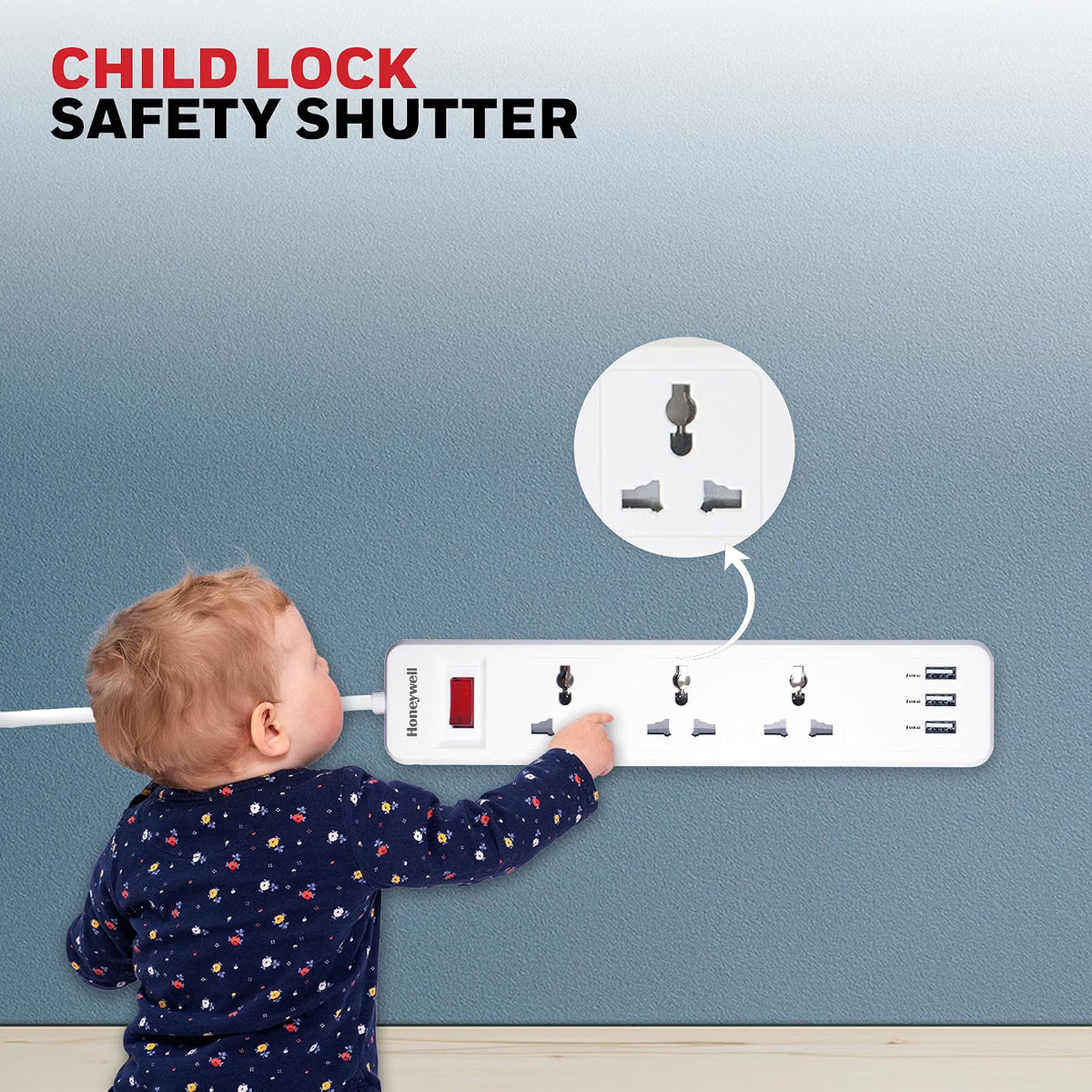Honeywell 3 Outlet Extension Board with Master Switch, 6 Amps, 250V, 3xUSB, 3 International Sockets, Pure Copper