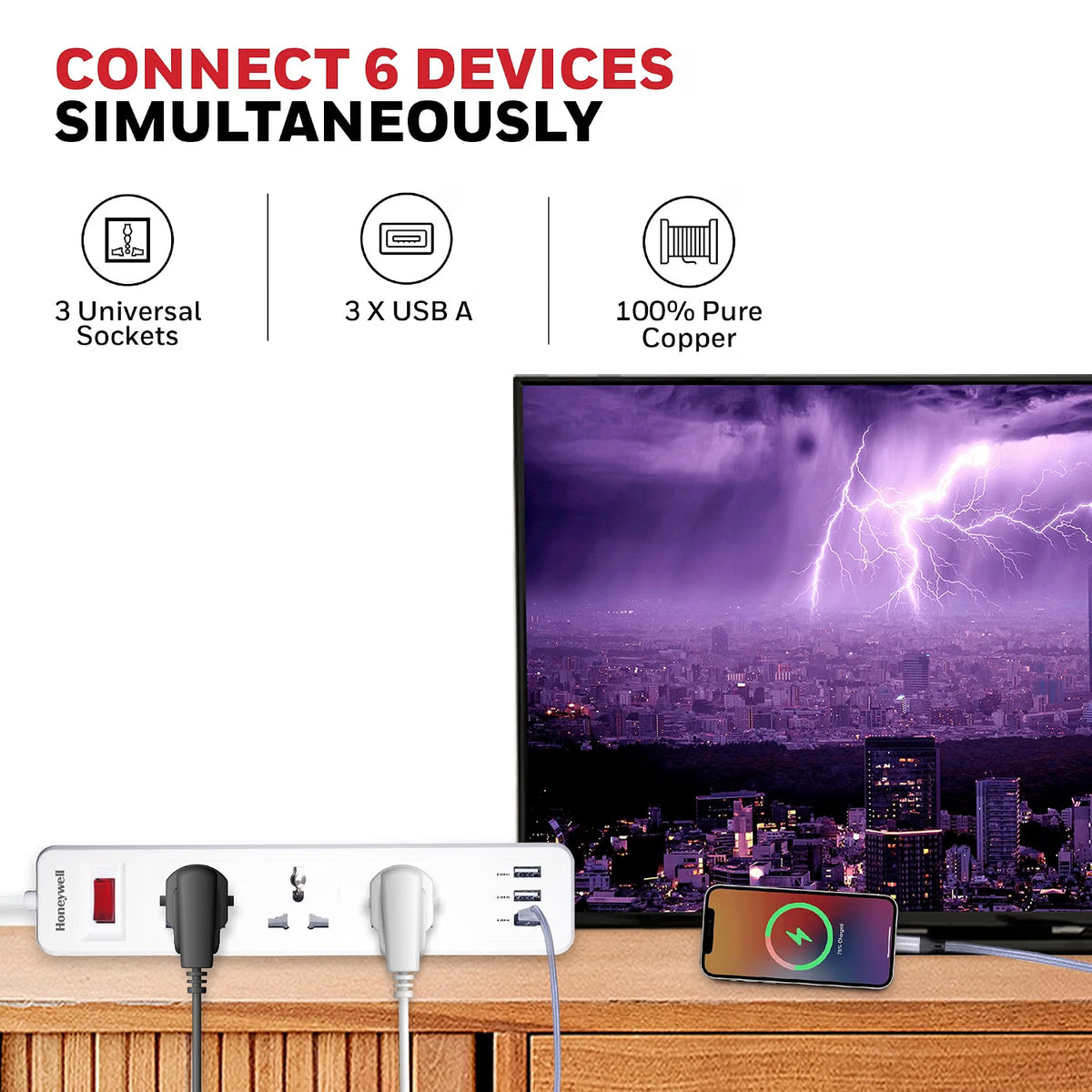 Honeywell 3 Outlet Extension Board with Master Switch, 6 Amps, 250V, 3xUSB, 3 International Sockets, Pure Copper