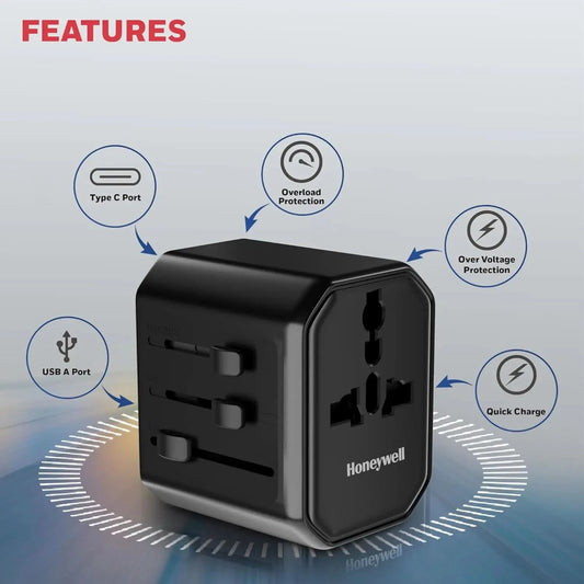 Honeywell New Launch Universal Travel Adapter 38W, 3-in-1 Fast Charging, Universal Socket, TypeC, USBA, Worldwide Wall Charger for EU,US,UK & CN/AUS