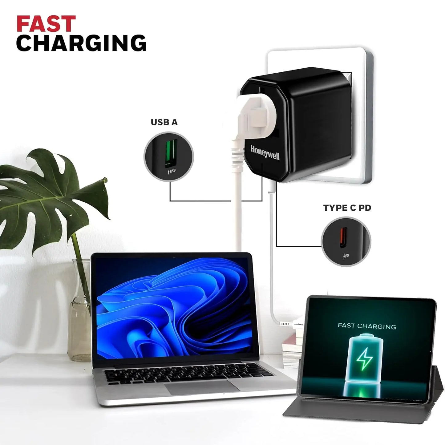 Honeywell New Launch Universal Travel Adapter 38W, 3-in-1 Fast Charging, Universal Socket, TypeC, USBA, Worldwide Wall Charger for EU,US,UK & CN/AUS