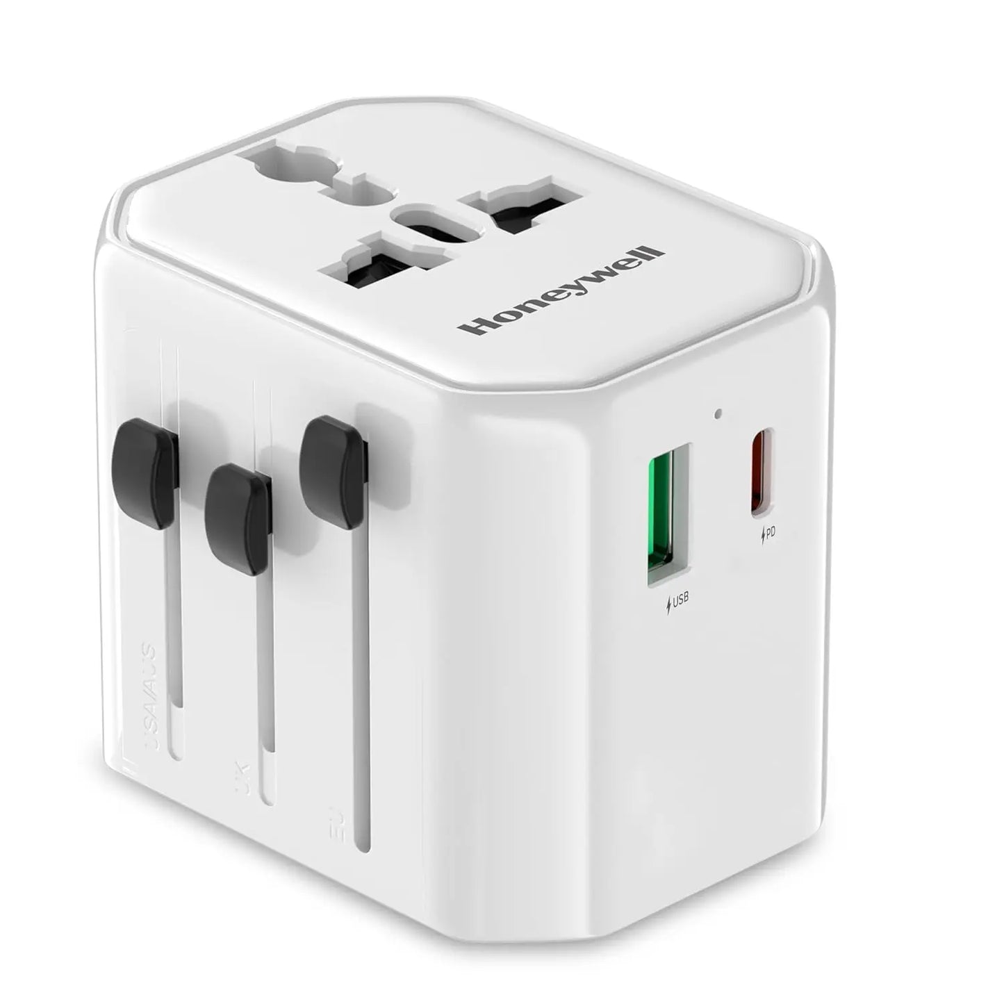 Honeywell New Launch Universal Travel Adapter 38W, 3-in-1 Fast Charging, Universal Socket, TypeC, USBA, Worldwide Wall Charger for EU,US,UK & CN/AUS White