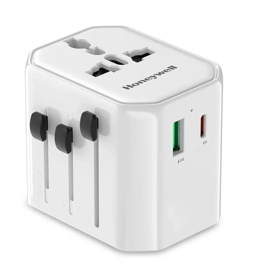 Honeywell New Launch Universal Travel Adapter 38W, 3-in-1 Fast Charging, Universal Socket, TypeC, USBA, Worldwide Wall Charger for EU,US,UK & CN/AUS White