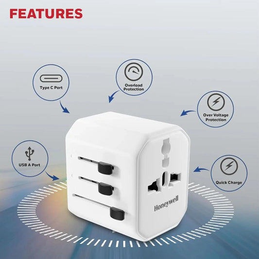 Honeywell New Launch Universal Travel Adapter 38W, 3-in-1 Fast Charging, Universal Socket, TypeC, USBA, Worldwide Wall Charger for EU,US,UK & CN/AUS White