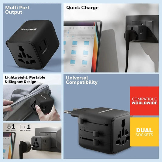 Honeywell New World Travel Adapter, Universal & US Socket, Charge 2 Devices Simultaneously, Worldwide Plug for EU, US, UK & CN/AUS, Overload & Over Voltage Protection