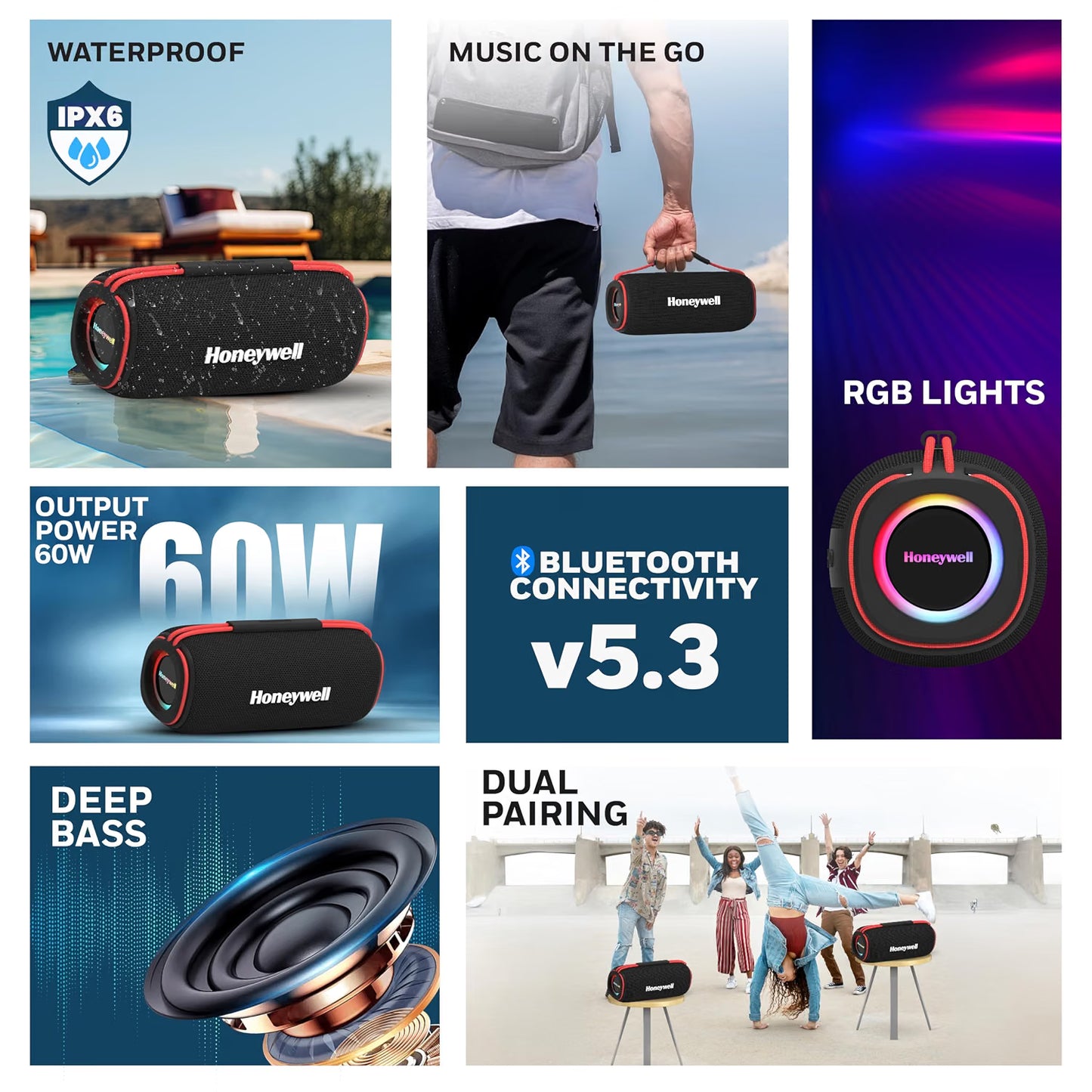 Honeywell Newly Launched Trueno U500 60W 5.3 Bluetooth Speaker, Deep Bass Radiators, 18H Playtime, IPX 6, TWS Feature, RGB Lights, SD Card, AUX, USB Type-C Port, Built-in Mic & 2 * 93mm Drivers