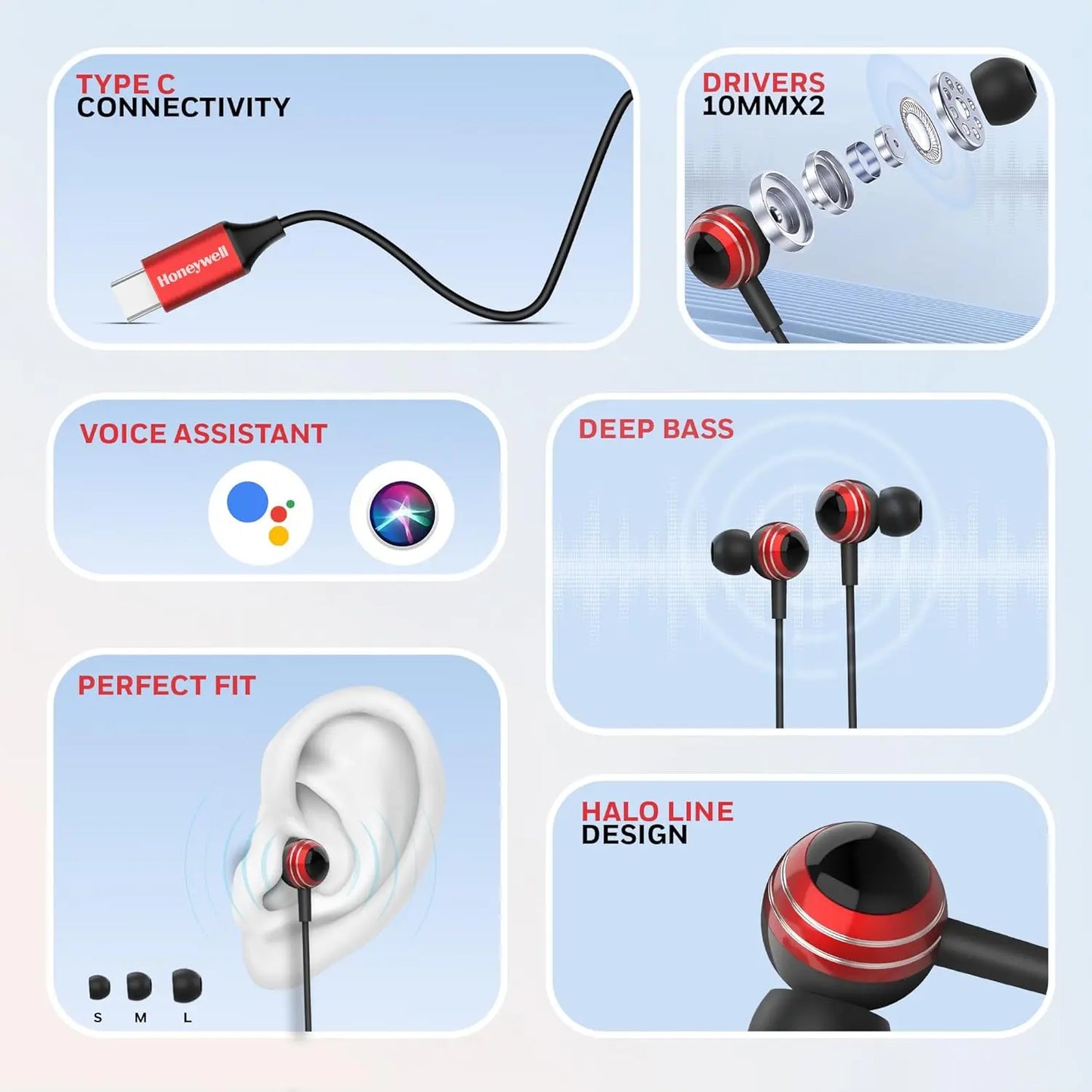 Honeywell Suono P70 Wired in Ear Earphones with Built in Mic 10mm*2 Drivers, Noise Cancelling and Ultra HD Mic, IPX4, Voice Assistant Enabled, HD Sound & Clear Audio, Type C Compatible, 1.2 Mtr