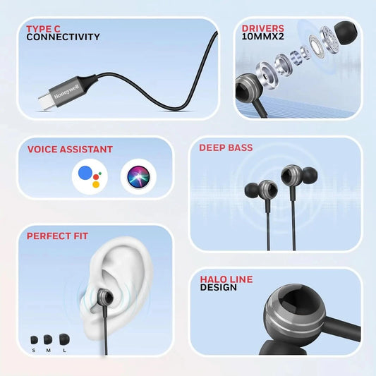 Honeywell Suono P70 Wired in Ear Earphones with Built in Mic 10mm*2 Drivers, Noise Cancelling and Ultra HD Mic, IPX4, Voice Assistant Enabled, HD Sound & Clear Audio, Type C Compatible, 1.2 Mtr Grey
