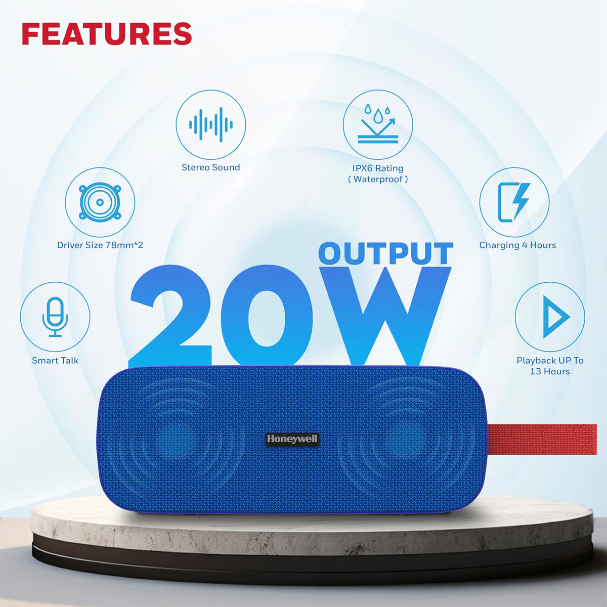 Honeywell Trueno U300 Bluetooth 5.3 Wireless Portable Speaker, 20W Output, Dual 78mm Drivers, Deep Bass, 13H Playtime, IPX6, TWS Pairing, SD/USB Type-C/AUX Support, Built-in Mic, 2-Year Warranty-Blue