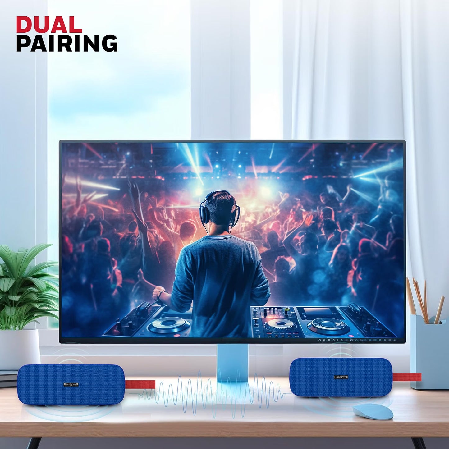 Honeywell Trueno U300 Bluetooth 5.3 Wireless Portable Speaker, 20W Output, Dual 78mm Drivers, Deep Bass, 13H Playtime, IPX6, TWS Pairing, SD/USB Type-C/AUX Support, Built-in Mic, 2-Year Warranty-Blue