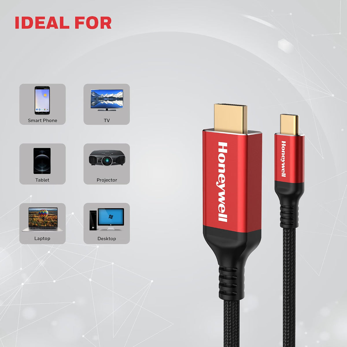 Honeywell Type C to 2.0 HDMI Cable, 4Kx2K@60Hz UHD Resolution, 2 Mtr, 18GBPS Transmission Speed, High-Speed, Male to Male, Compatible with TV, Laptop, Type-C Smartphone, Projector, etc
