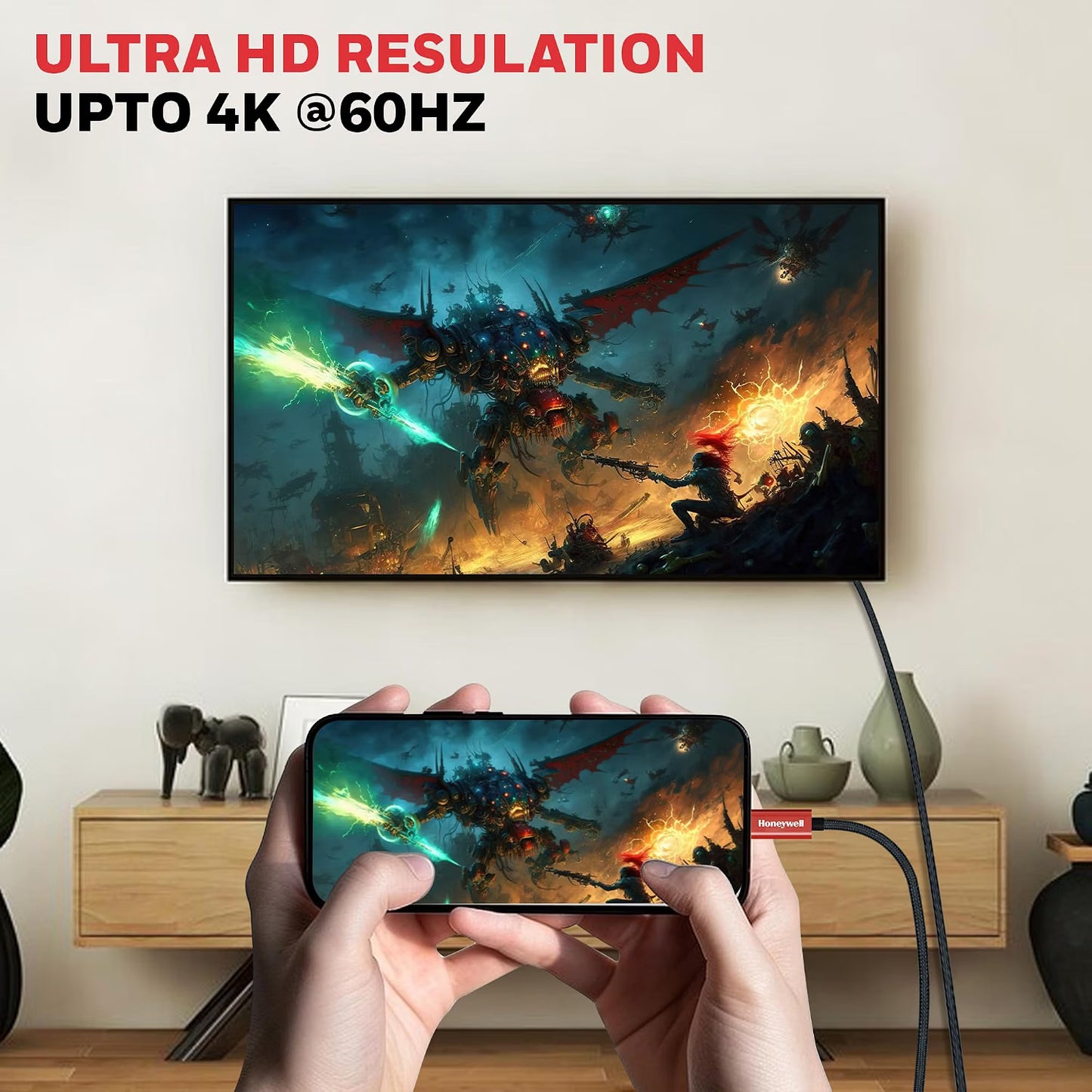 Honeywell Type C to 2.0 HDMI Cable, 4Kx2K@60Hz UHD Resolution, 2 Mtr, 18GBPS Transmission Speed, High-Speed, Male to Male, Compatible with TV, Laptop, Type-C Smartphone, Projector, etc