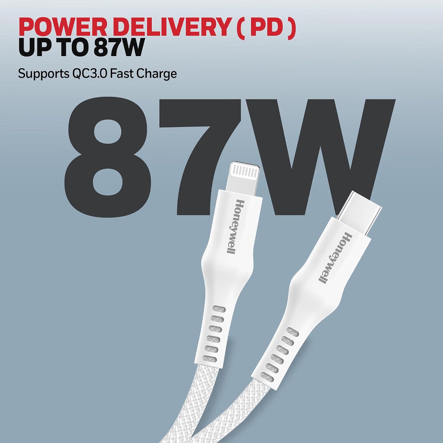 Honeywell Type C to Lightning, 4 Feet (1.2M), Nylon Braided Cable, MFI-certified, QC3.0, PD 87W Support with Max Output 3A, Fast Charge & Sync Cable for iPhone, iPad, AirPods – White