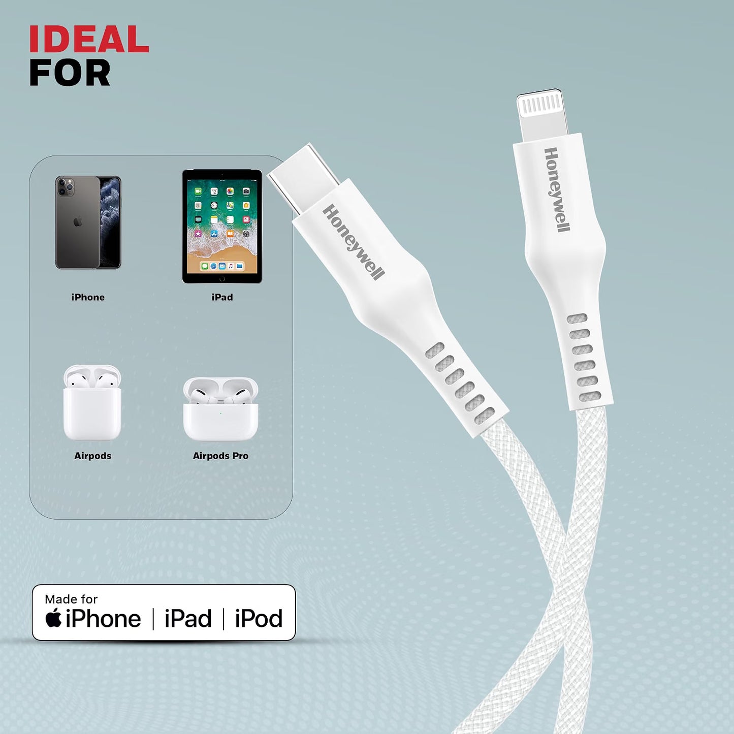 Honeywell Type C to Lightning, 4 Feet (1.2M), Nylon Braided Cable, MFI-certified, QC3.0, PD 87W Support with Max Output 3A, Fast Charge & Sync Cable for iPhone, iPad, AirPods – White