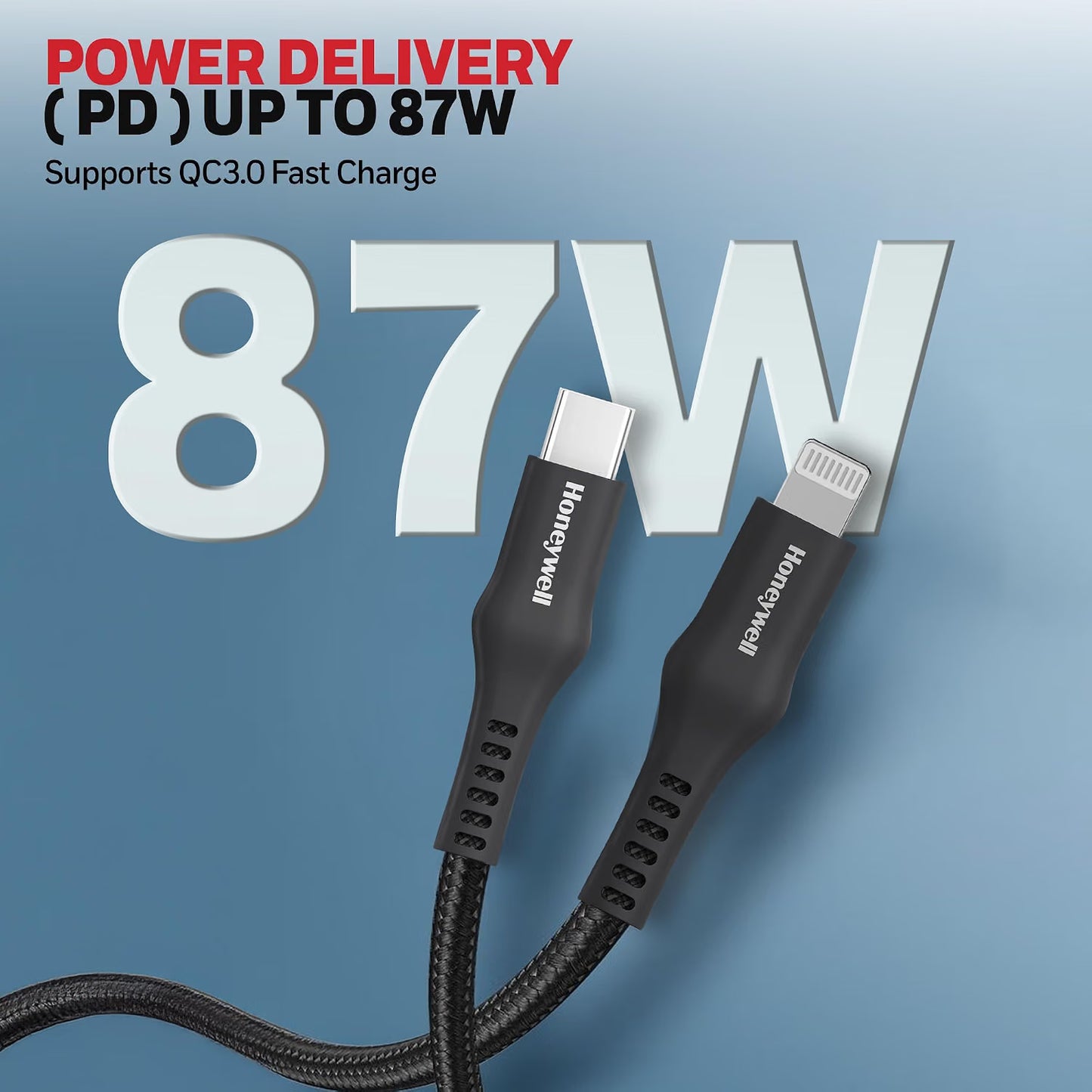 Honeywell Type C to Lightning, 4 Feet (1.2M), Nylon Braided Cable, MFI-certified, QC3.0, PD 87W Support with Max Output 3A, Fast Charge & Sync Cable for iPhone, iPad, AirPods – Black