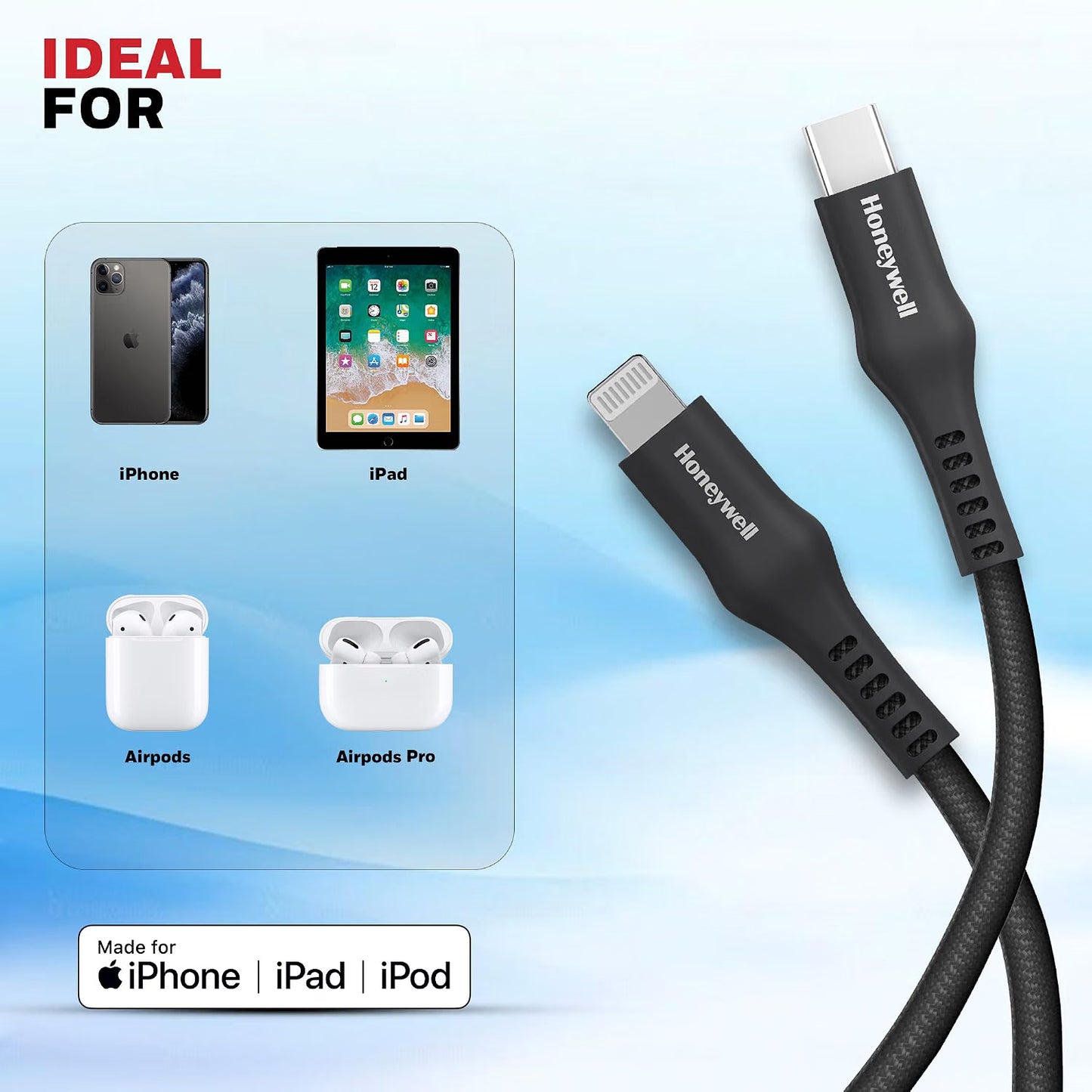 Honeywell Type C to Lightning, 4 Feet (1.2M), Nylon Braided Cable, MFI-certified, QC3.0, PD 87W Support with Max Output 3A, Fast Charge & Sync Cable for iPhone, iPad, AirPods – Black