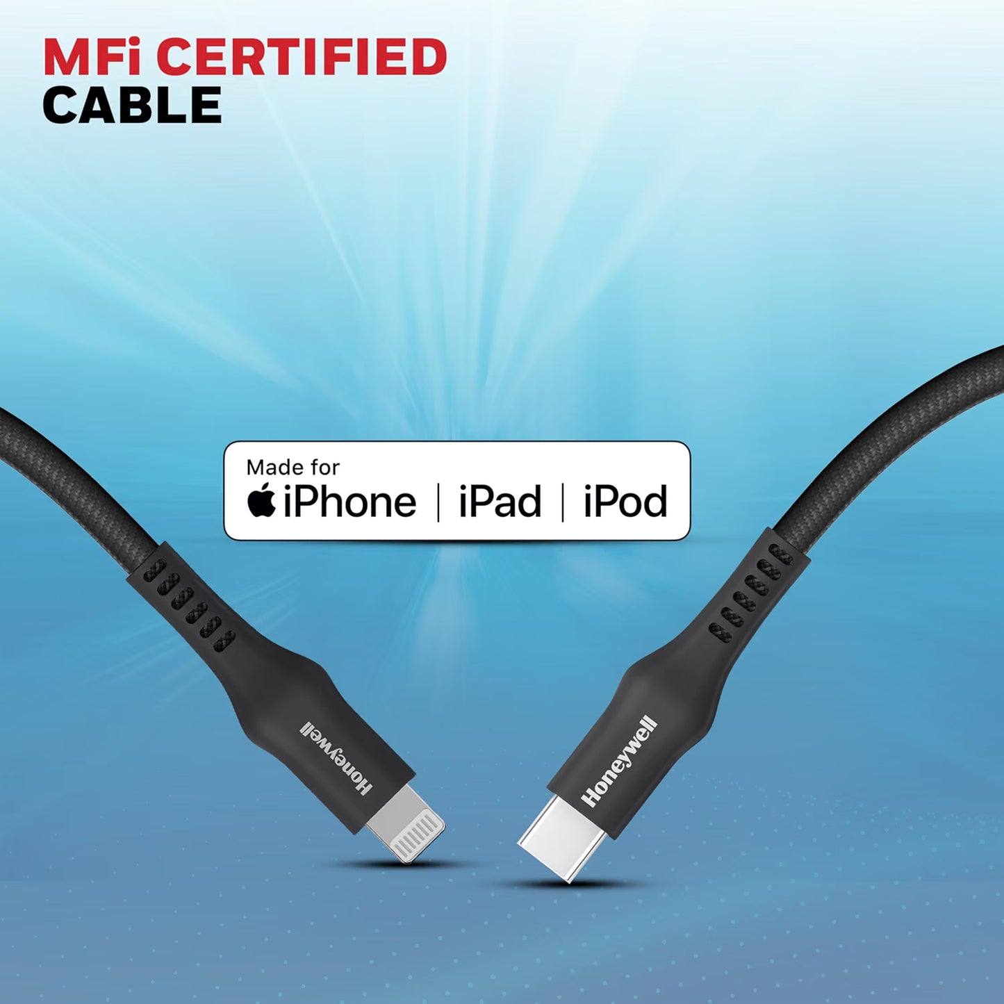 Honeywell Type C to Lightning, 4 Feet (1.2M), Nylon Braided Cable, MFI-certified, QC3.0, PD 87W Support with Max Output 3A, Fast Charge & Sync Cable for iPhone, iPad, AirPods – Black
