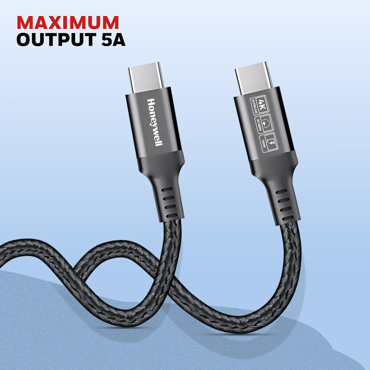 Honeywell Type-C to Type-C Braided USB 3.2 Cable, PD 100W Fast Charge, Max Output 5A, 20Gbps Transfer, 4K Video, Nickel-Plated, Tangle-Free compatible with Smartphones, Laptop, Power Bank, 1.2M