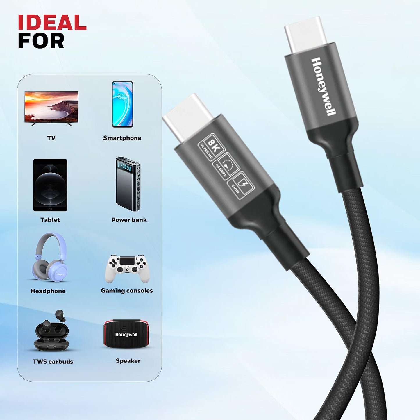 Honeywell Type-C to Type-C Braided USB 4 Cable, PD 240W Fast Charge, Max Output 5A, 40Gbps Transfer, 8K Video, Nickel-Plated, Tangle-Free compatible with Smartphones, Laptop, Power Bank, 1.2M