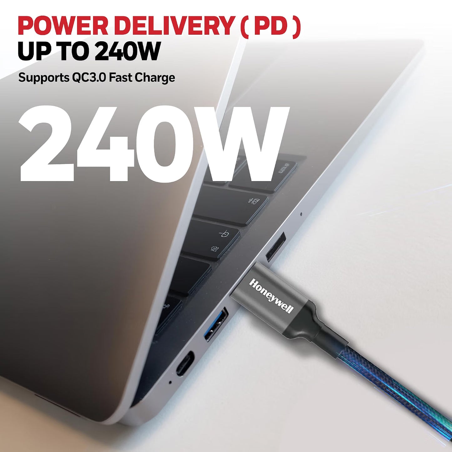 Honeywell Type-C to Type-C Braided USB 4 Cable, PD 240W Fast Charge, Max Output 5A, 40Gbps Transfer, 8K Video, Nickel-Plated, Tangle-Free compatible with Smartphones, Laptop, Power Bank, 1.2M