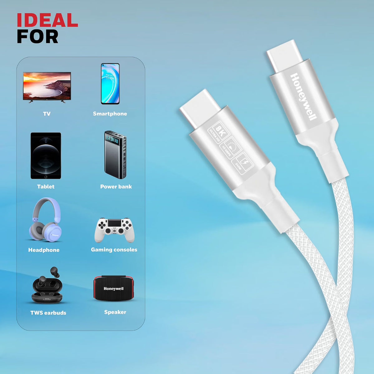 Honeywell Type-C to Type-C Braided USB 4 Cable, PD 240W Fast Charge, Max Output 5A, 40Gbps Transfer, 8K Video, Nickel-Plated, Tangle-Free compatible with Smartphones, Laptop, Power Bank, 1.2M