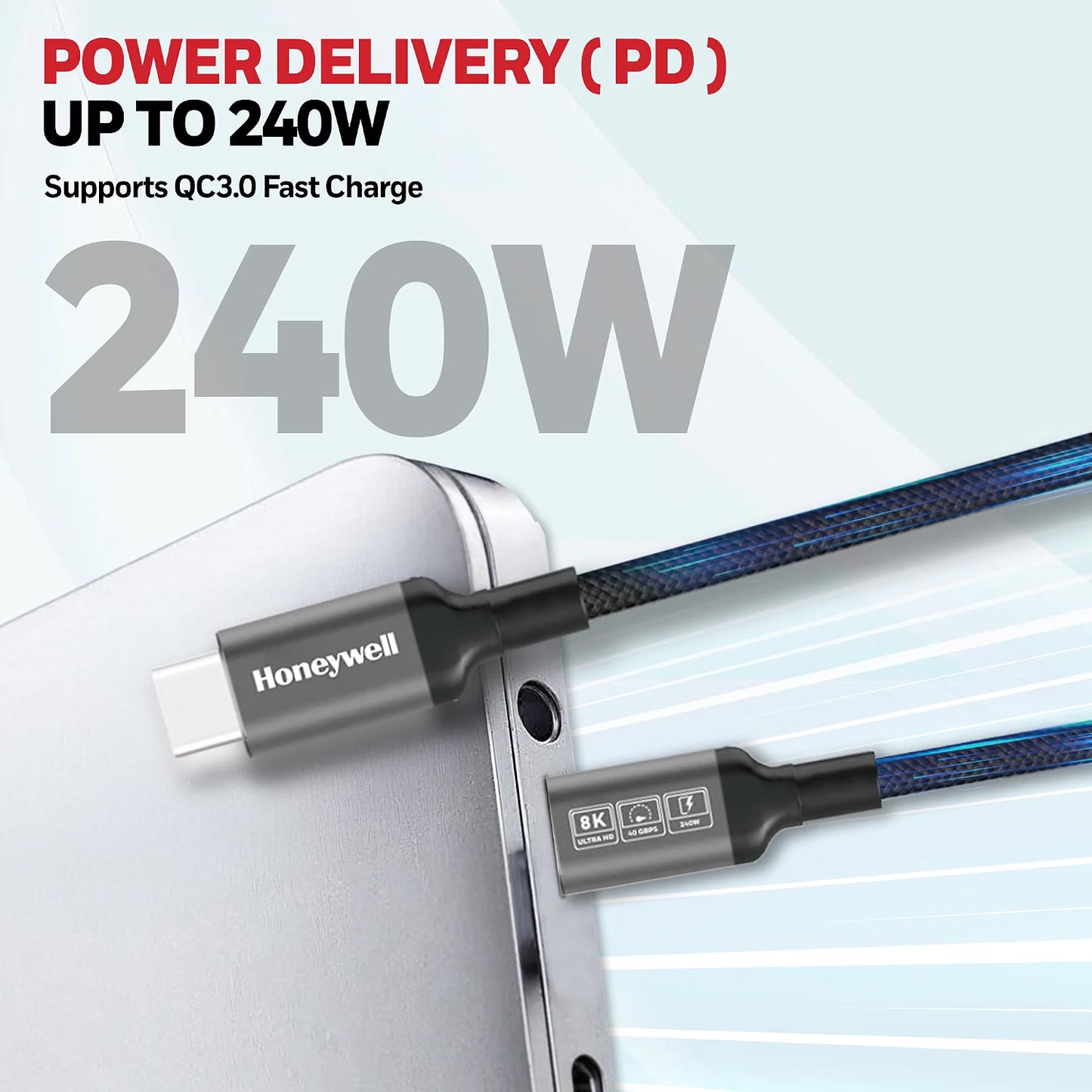 Honeywell Type-C to Type-C Braided USB 4 Cable, PD 240W Fast Charge, Max Output 5A, 40Gbps Transfer, 8K Video, Nickel-Plated, Tangle-Free compatible with Smartphones, Laptop, Power Bank, 1.2M