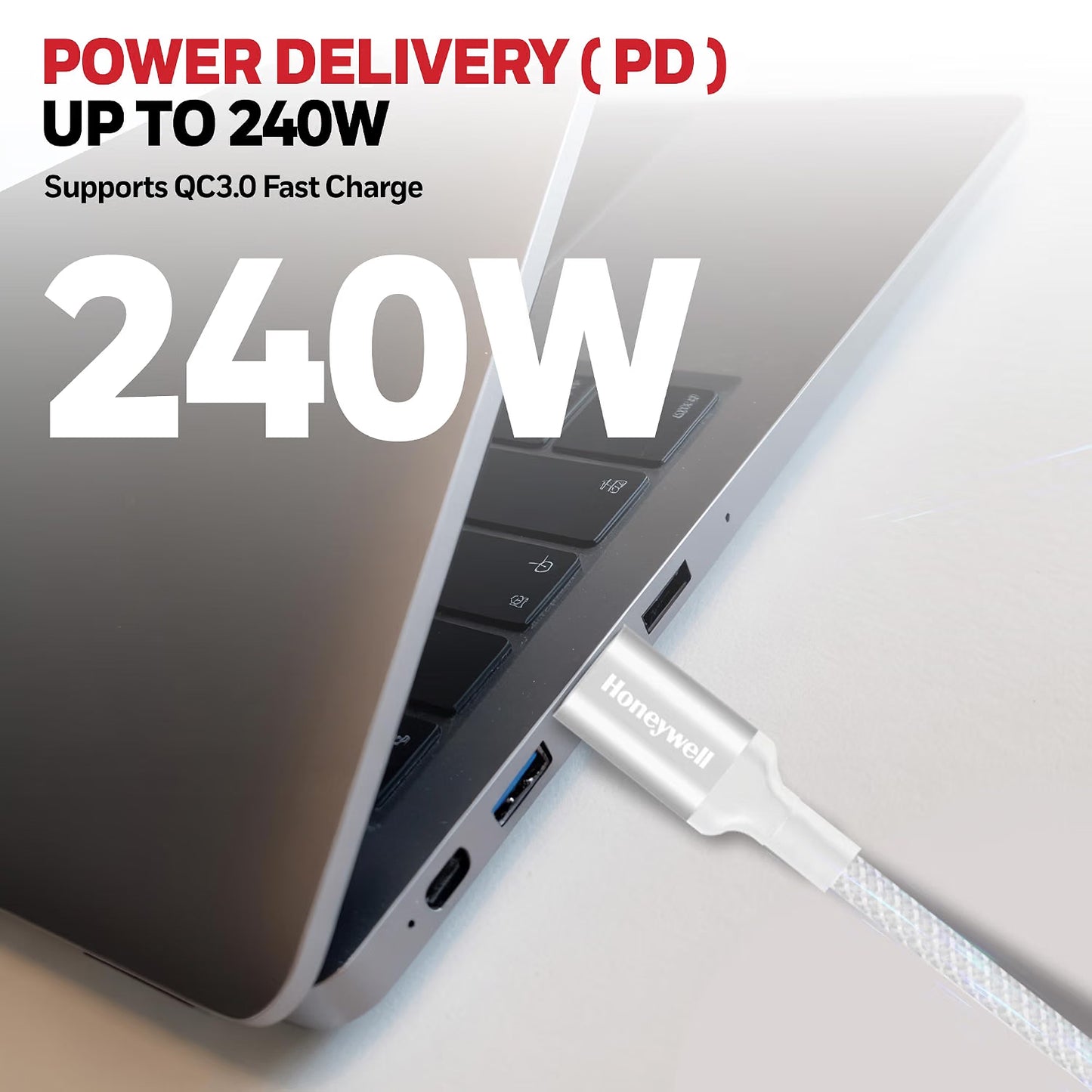 Honeywell Type-C to Type-C Braided USB 4 Cable, PD 240W Fast Charge, Max Output 5A, 40Gbps Transfer, 8K Video, Nickel-Plated, Tangle-Free compatible with Smartphones, Laptop, Power Bank, 1.2M