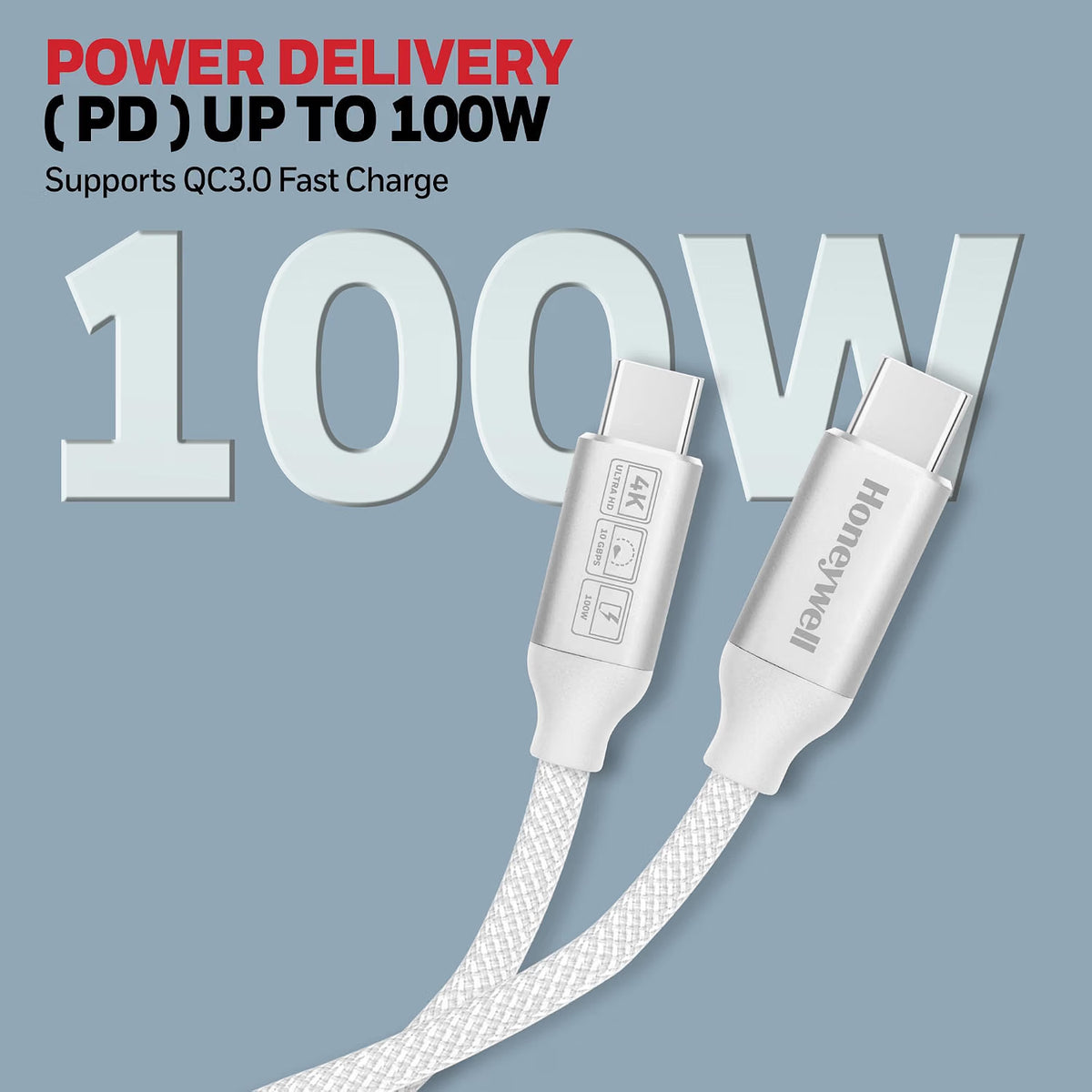 Honeywell Type C to Type C USB 3.1 Cable, 4 Feet (1.2M), Max Output 5A 100W, QC 3.0, Fast Charge, Compatible with Apple Devices, Smartphones, Laptops, Power Banks, Tablets, Headphones, Speakers White