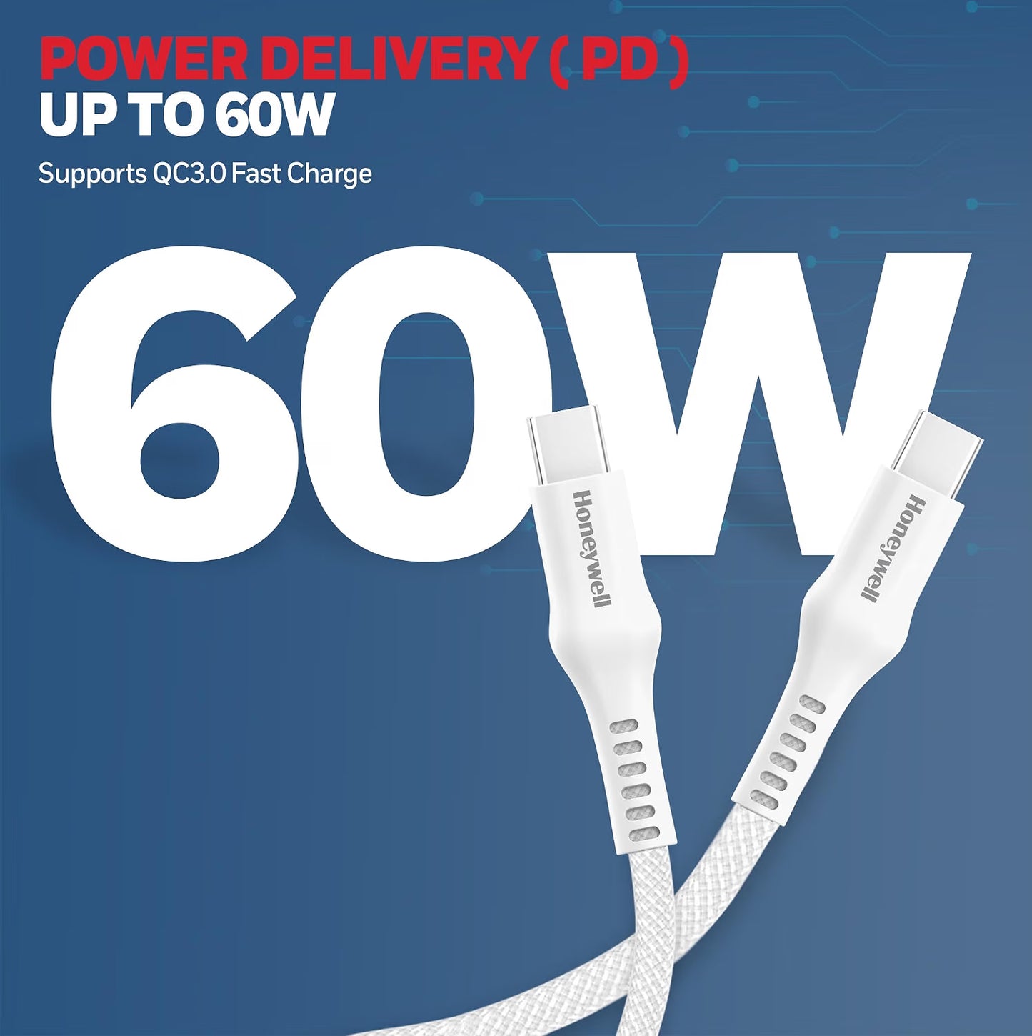 Honeywell USB Type C to Type C Cable, 4 Feet (1.2M), PD 60W, QC 3.0, Fast Charging, Nylon Braided Cable for Apple Devices, Smartphones, Laptops, Power Banks, Tablets, Headphones, Speakers – White