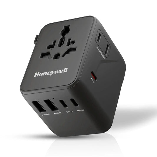 Honeywell Universal Travel Adapter 45W, 7 in 1 Fast Charging, QC3.0/PD, Universal & US Socket, 3 Type C, 2 USB A, Overload & overvoltage Protection, International Adapter for EU, US, UK & CN/AUS