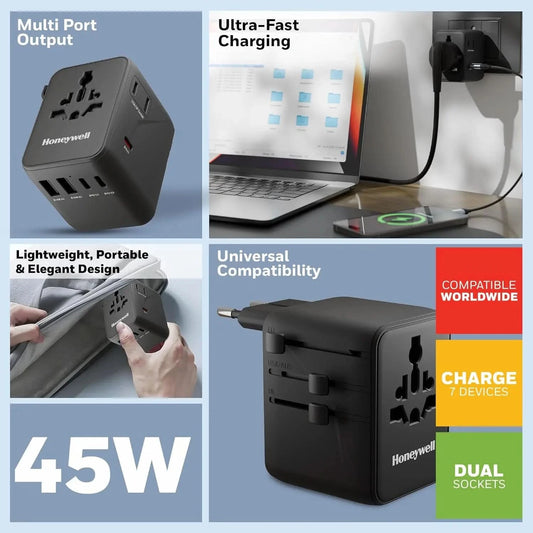 Honeywell Universal Travel Adapter 45W, 7 in 1 Fast Charging, QC3.0/PD, Universal & US Socket, 3 Type C, 2 USB A, Overload & overvoltage Protection, International Adapter for EU, US, UK & CN/AUS