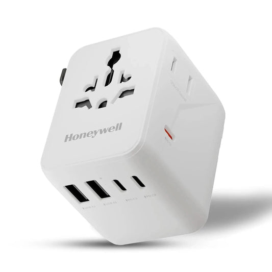 Honeywell Universal Travel Adapter 45W, 7 in 1 Fast Charging, QC3.0/PD, Universal & US Socket, 3 Type C, 2 USB A, Overload & overvoltage Protection, International Adapter for EU, US, UK & CN/AUS White