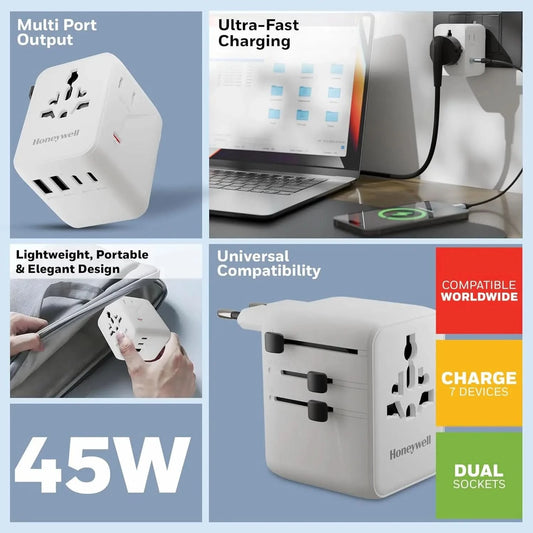 Honeywell Universal Travel Adapter 45W, 7 in 1 Fast Charging, QC3.0/PD, Universal & US Socket, 3 Type C, 2 USB A, Overload & overvoltage Protection, International Adapter for EU, US, UK & CN/AUS White