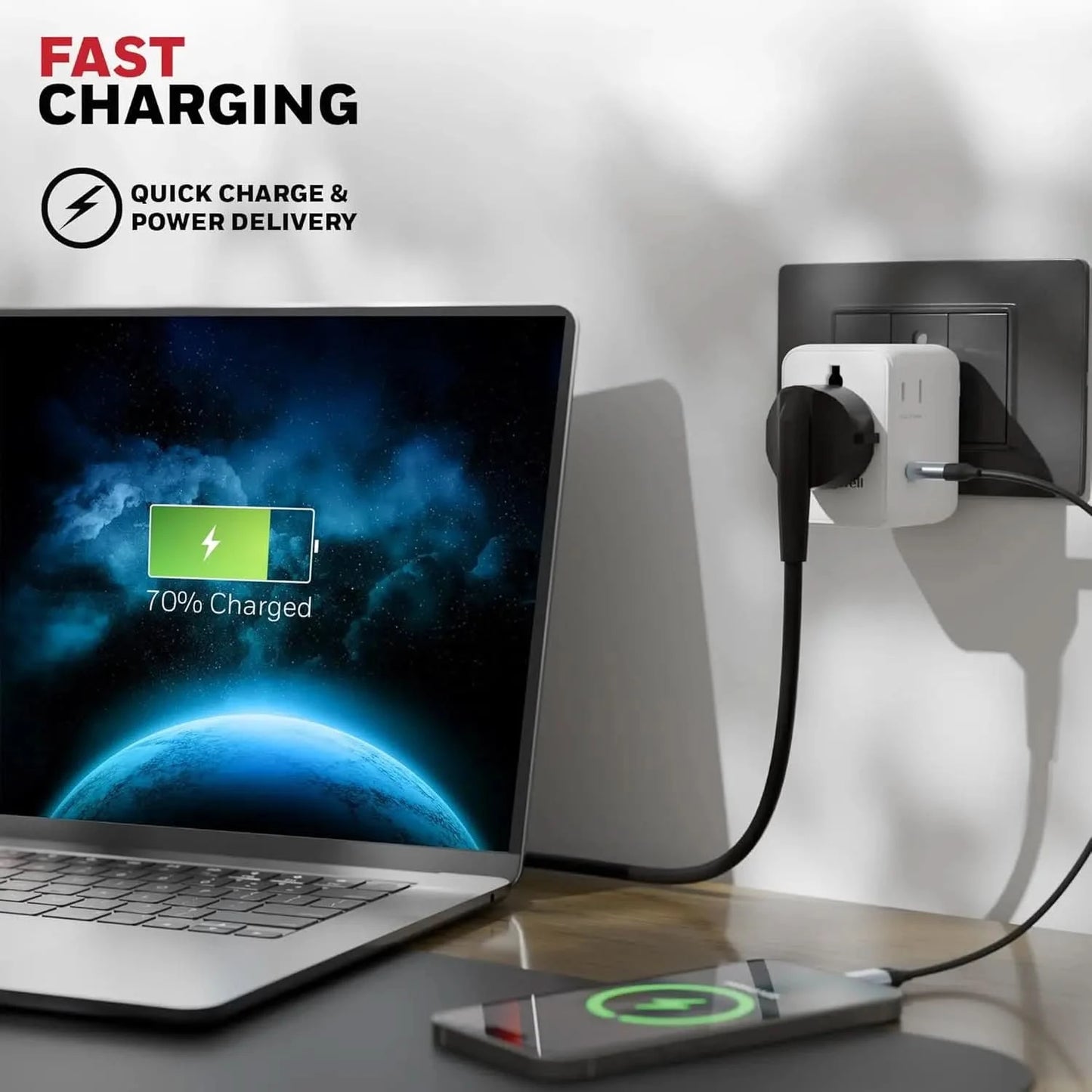 Honeywell Universal Travel Adapter 45W, 7 in 1 Fast Charging, QC3.0/PD, Universal & US Socket, 3 Type C, 2 USB A, Overload & overvoltage Protection, International Adapter for EU, US, UK & CN/AUS White