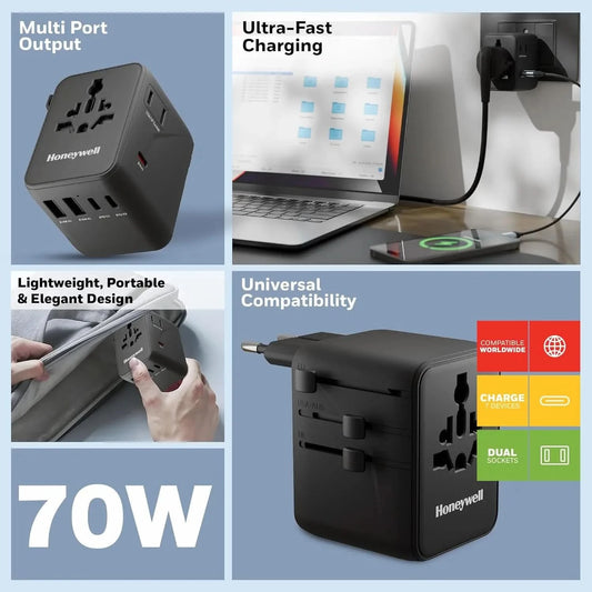 Honeywell Universal Travel Adapter 70W, 7 in 1 Fast Charging, QC3.0/PD, Universal & US Socket, 3 Type C, 2 USB A, Overload & overvoltage Protection, International Adapter for EU, US, UK & CN/AUS